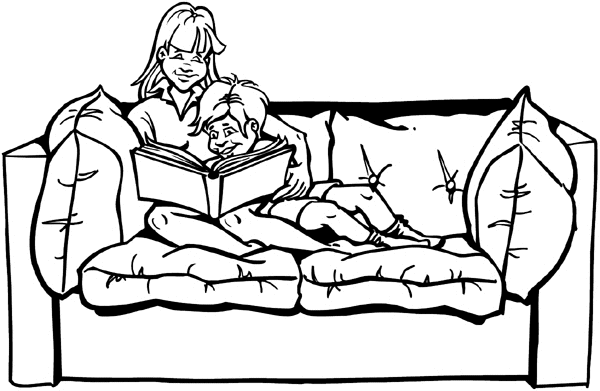 Mother and son on love seat reading a book vinyl sticker. Customize on line. Furniture Carpets 043-0131